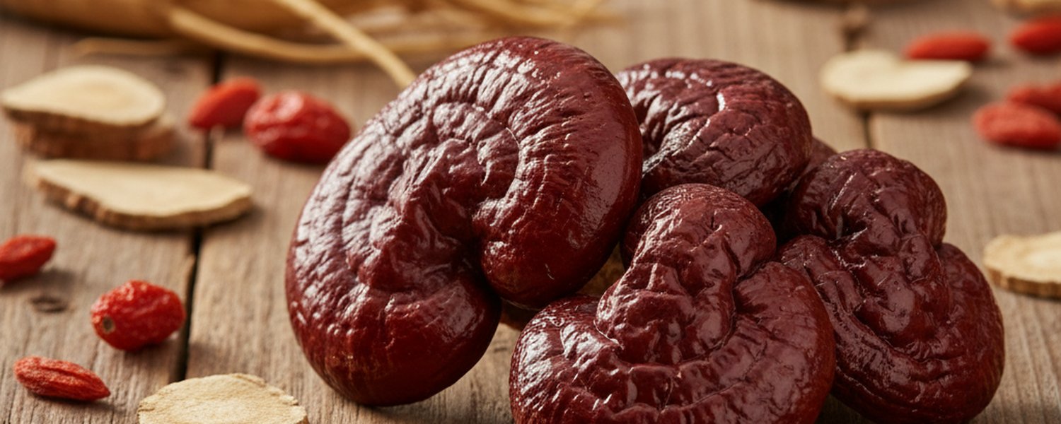 Champignon reishi séché Ganoderma lucidum sur surface en bois - Ingrédient naturel pour le sommeil | Le Meilleur Complément