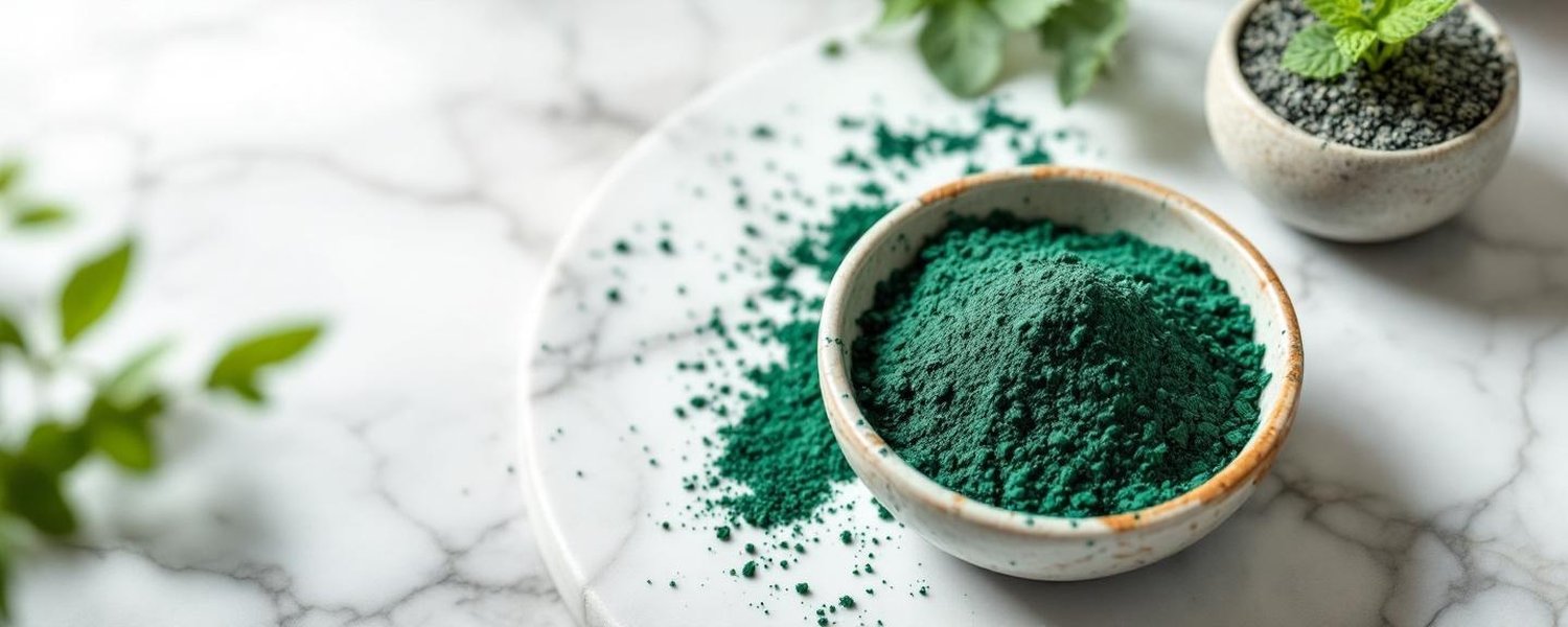 Spiruline en paillettes et poudre dans bols céramique sur marbre - Composition nutritionnelle | Le Meilleur Complément
