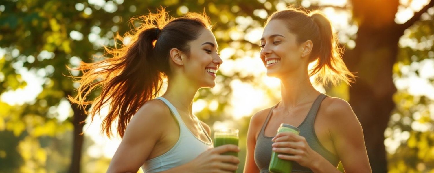 Femme sportive courant en nature avec smoothie vert spiruline - Lifestyle énergie et bienfaits | Le Meilleur Complément