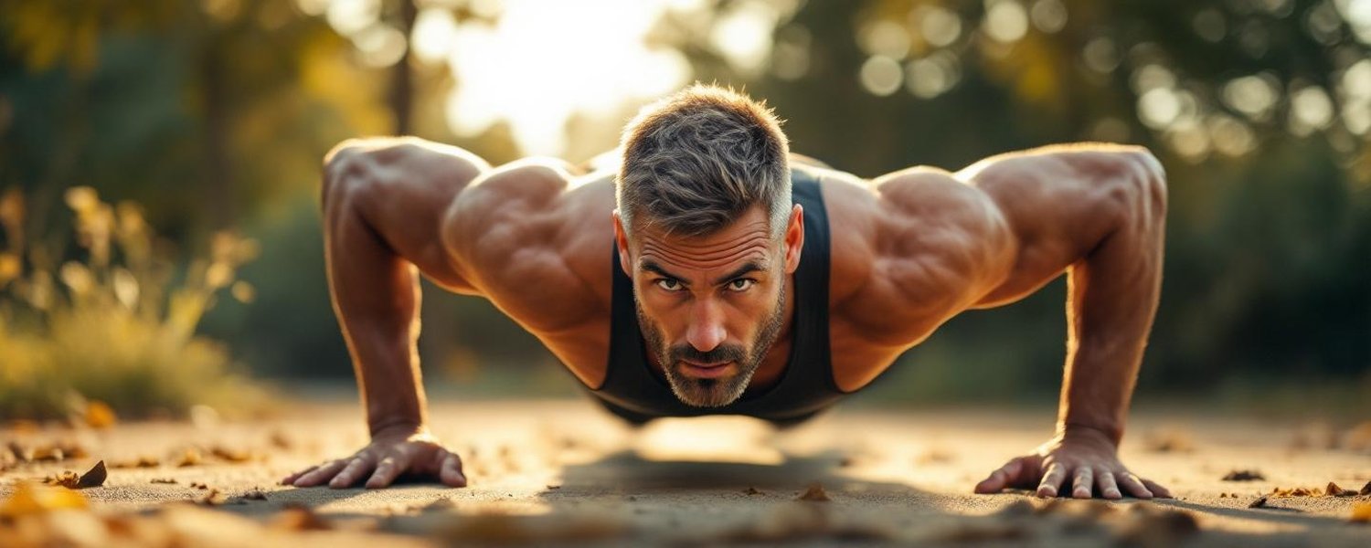 Homme sportif faisant des pompes en extérieur - Énergie et vitalité avec le shilajit | Le Meilleur Complément