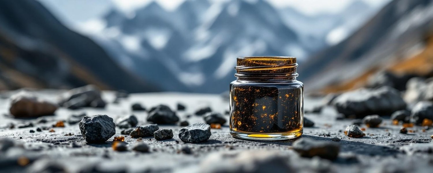 Résine de shilajit purifié dans pot en verre sur pierre naturelle - Ingrédient naturel minéral | Le Meilleur Complément