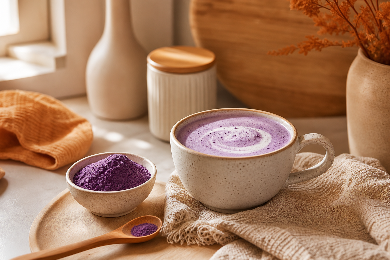 Organic ube powder mixed into a creamy purple ube latte