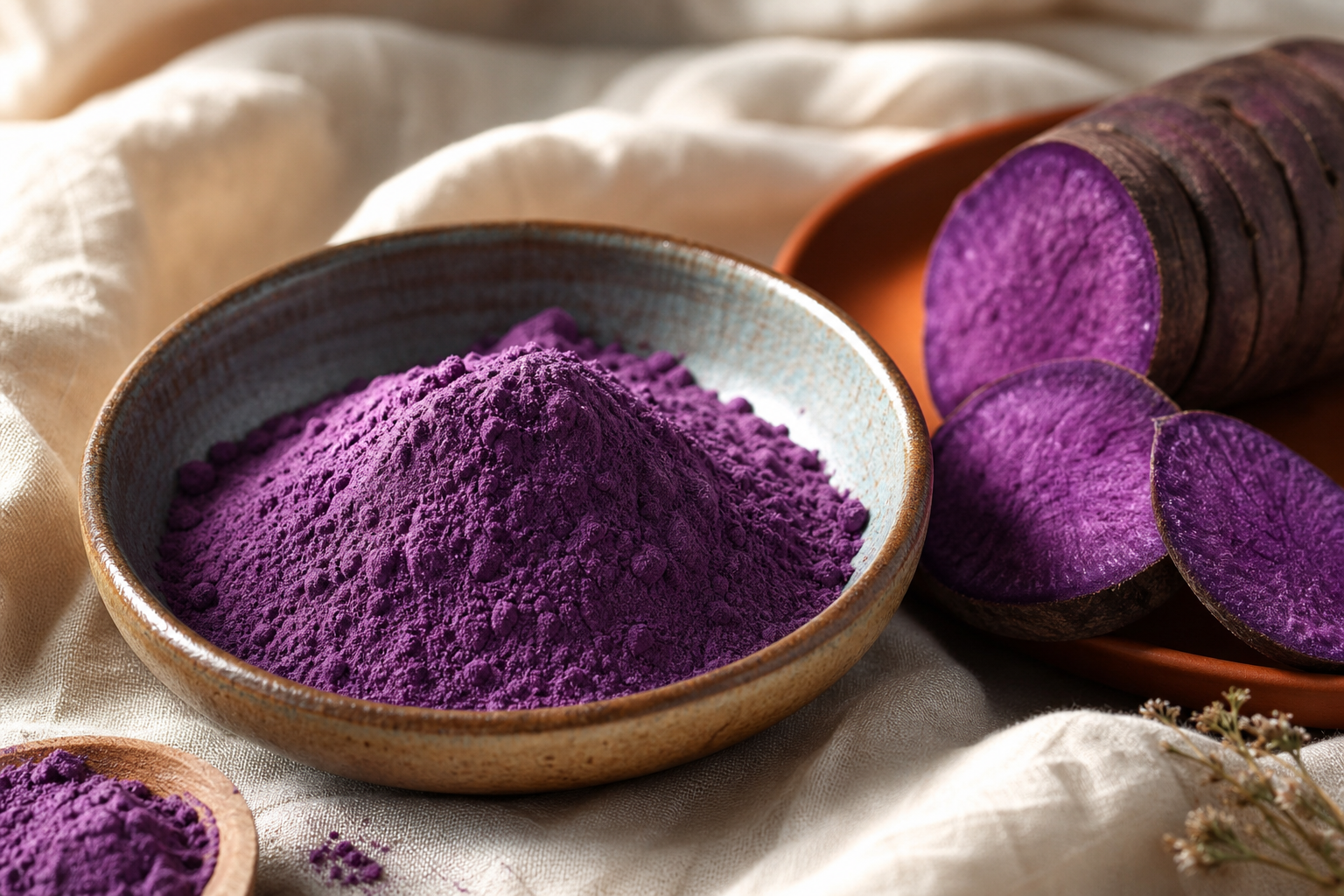 Premium purple yam powder and sliced ube for recipes and lattes