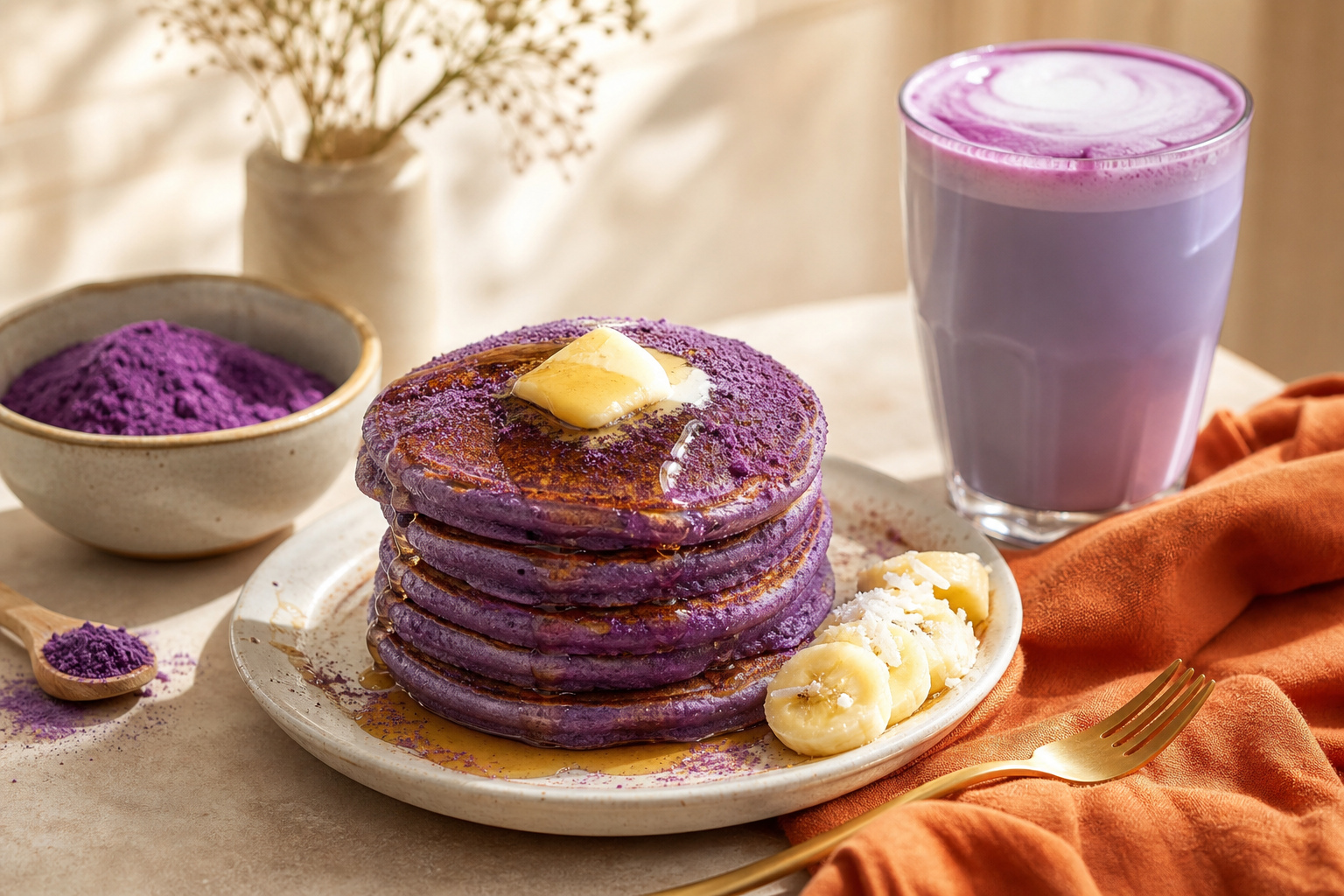 Ube pancakes and ube latte made with purple yam powder