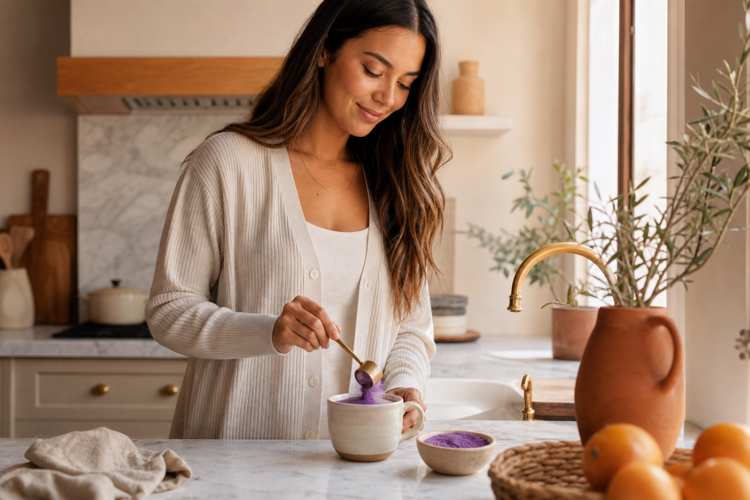 Home ube latte preparation with organic ube powder