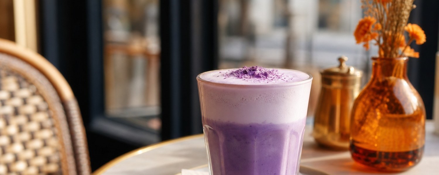 Ube latte violet dans un café parisien