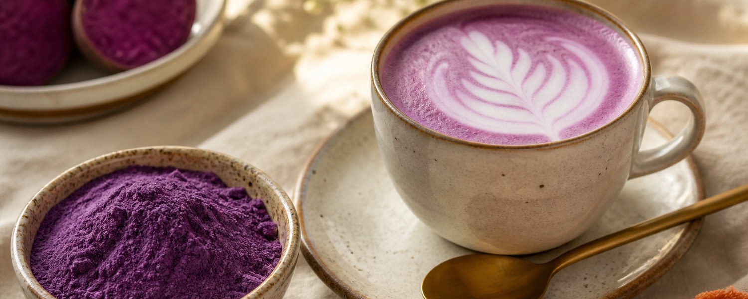 poudre ube dans un bol avec ube latte crémeux
