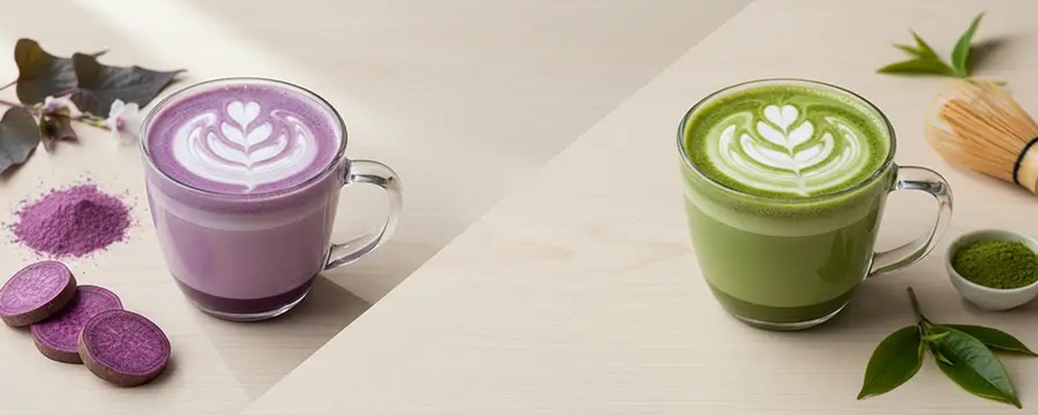 Boisson ube latte violette avec lait et toppings gourmands