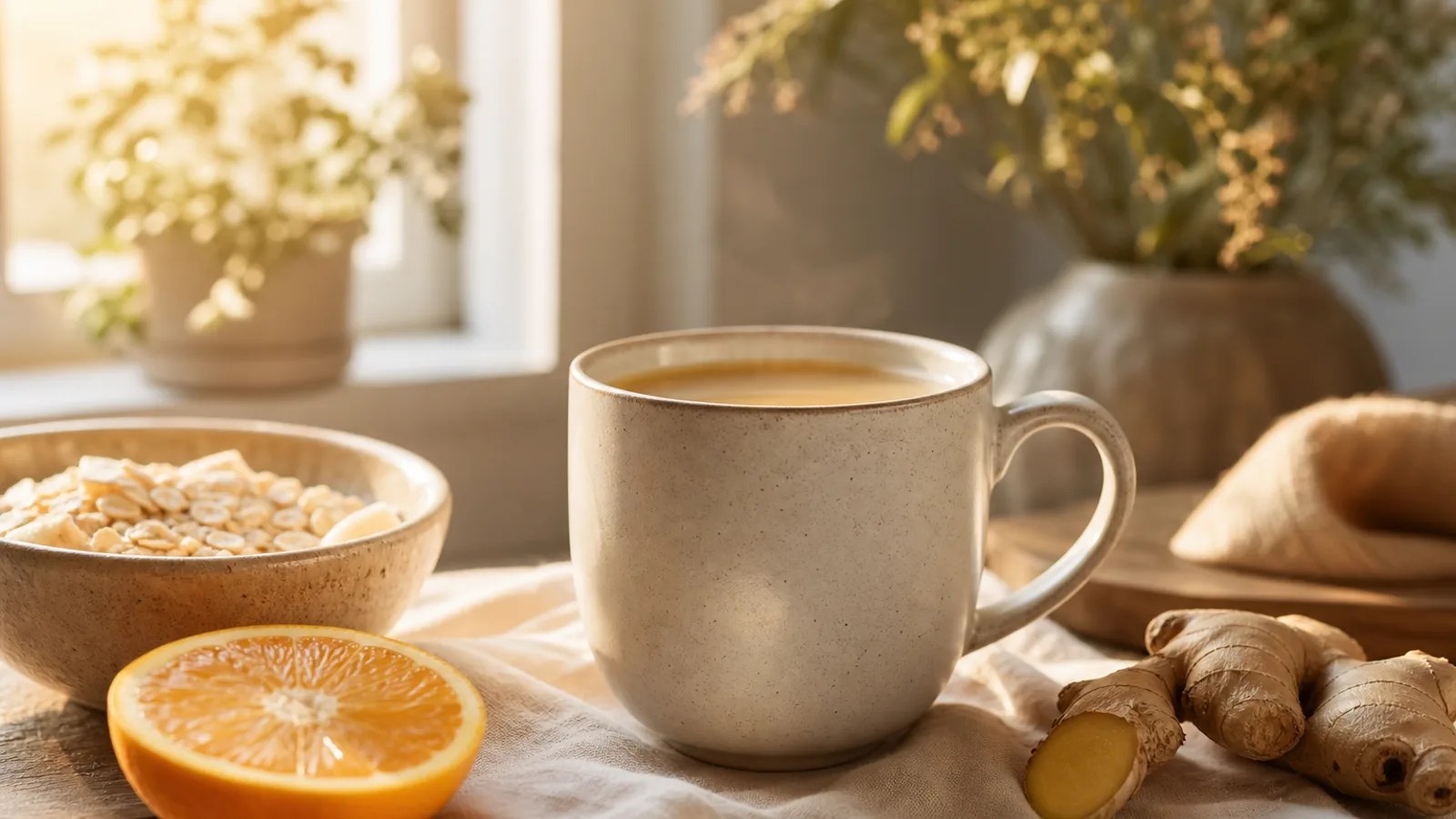 Alternative douce au café du matin avec boisson chaude crémeuse et gingembre pour digestion sensible