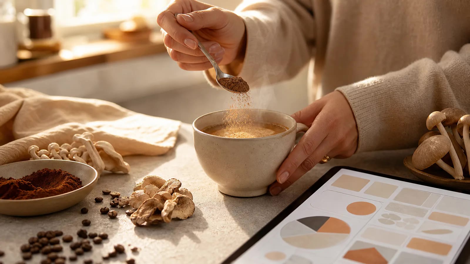 Préparation d’un super café aux champignons avec ingrédients naturels, analyse prudente de Wake