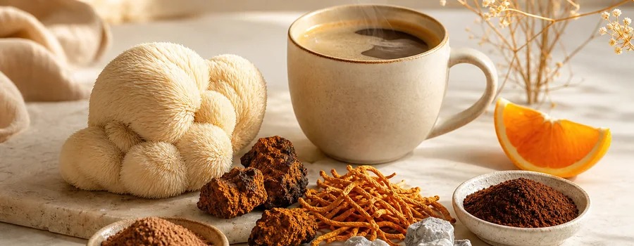 Champignons adaptogènes et ingrédients fonctionnels du café Wake