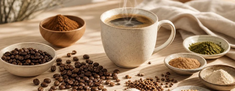 Composition du super café Wake avec café, orge torréfiée et poudres fonctionnelles