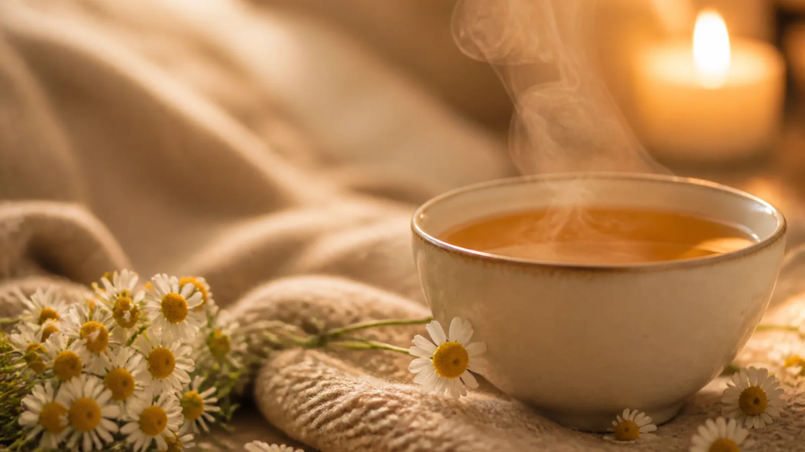 Tisane de camomille fumante dans une tasse crème avec fleurs et bougie pour un rituel du soir.
