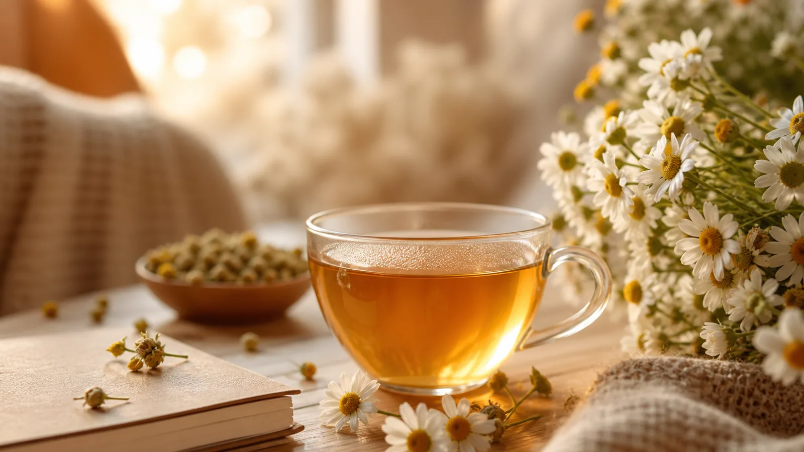 Tasse d’infusion de camomille avec fleurs blanches sur une table en bois clair.