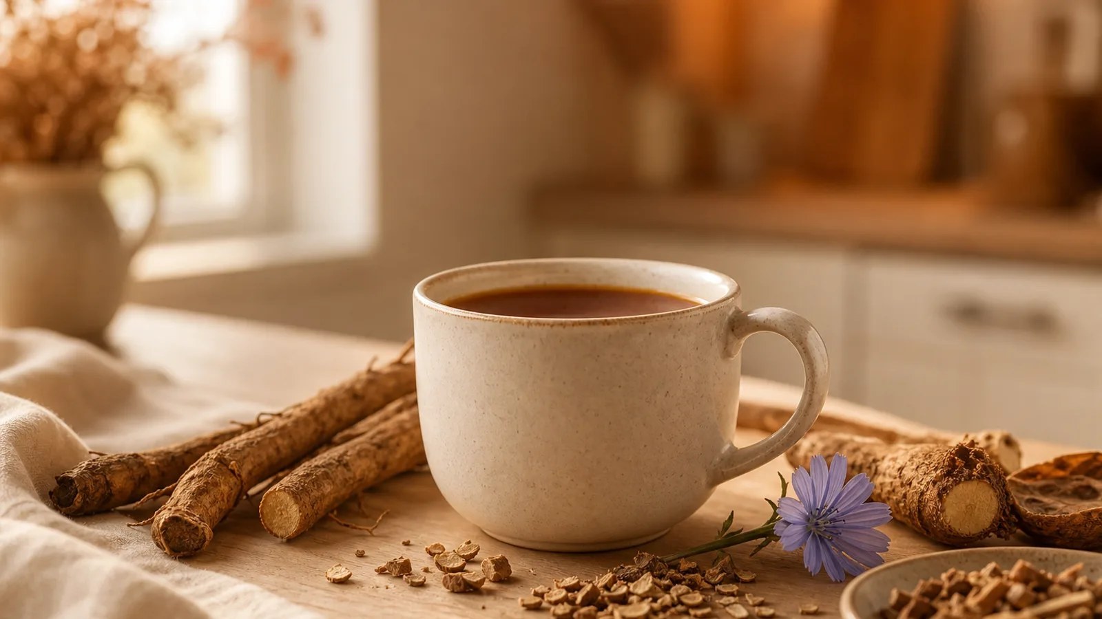 Tasse de chicorée chaude avec racines torréfiées, alternative sans caféine au café