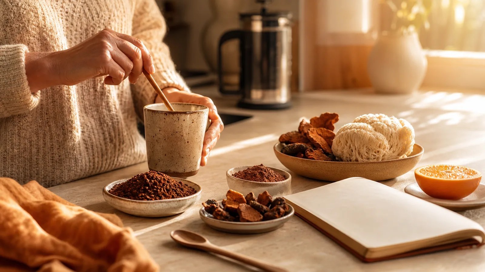 Préparation d’un café aux champignons avec ingrédients naturels dans une cuisine chaleureuse