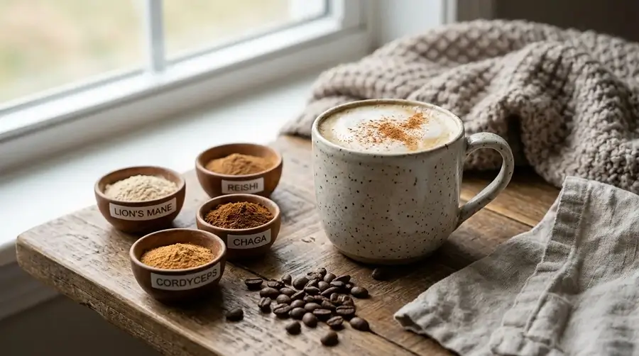 Latte chaud au café aux champignons Bonjour Drink avec mousse de lait végétal