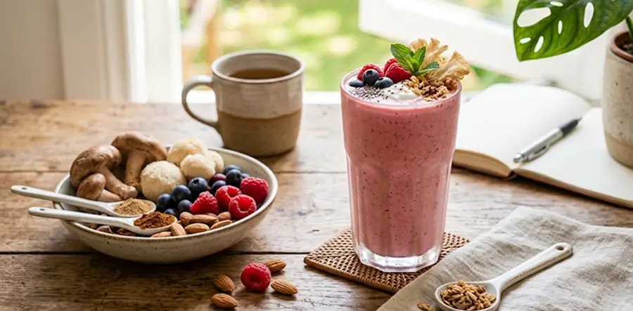 Smoothie réveil doux avec café aux champignons Bonjour Drink et fruits