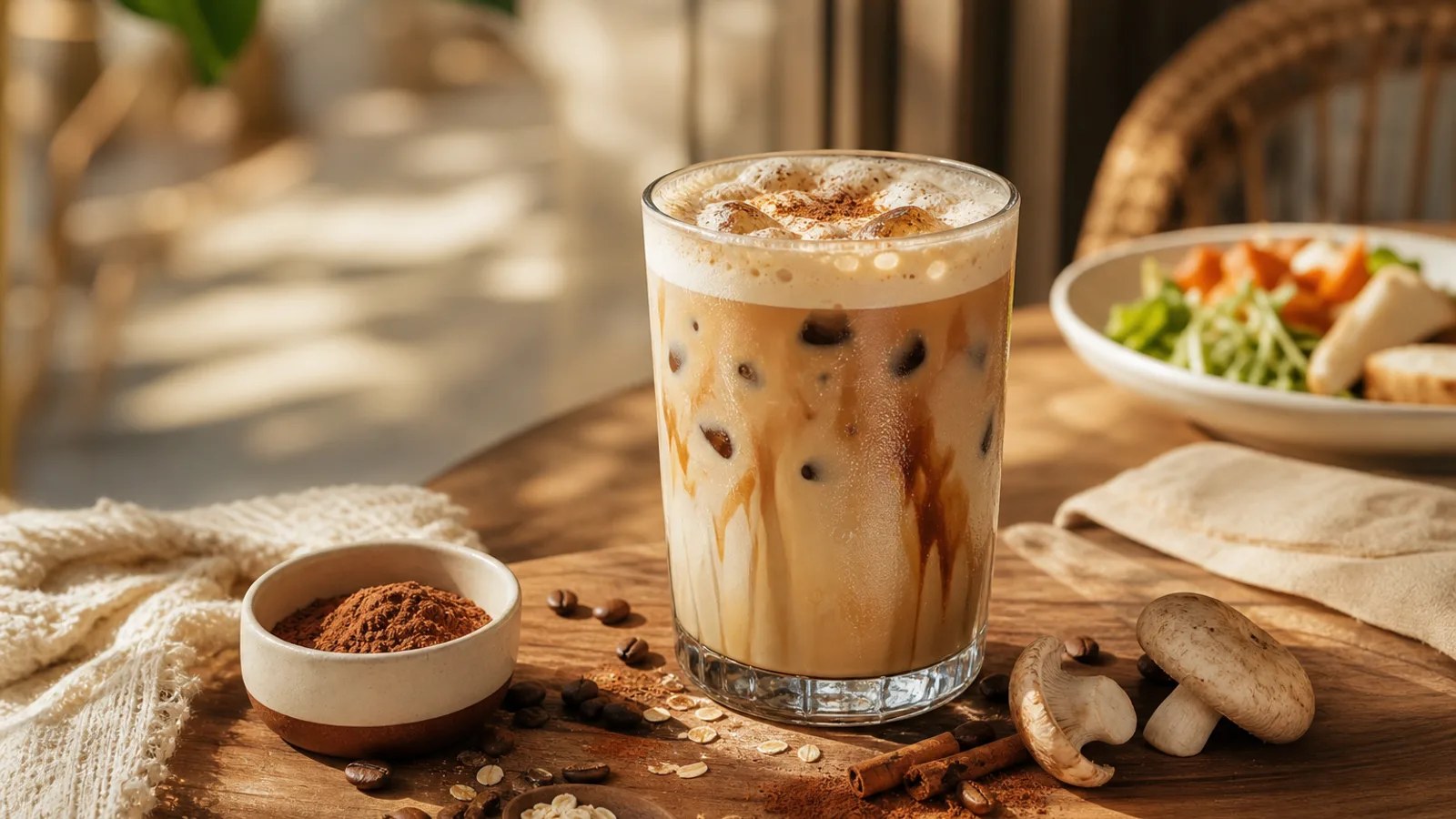 Iced latte gourmand au café aux champignons Bonjour Drink avec glaçons et cannelle