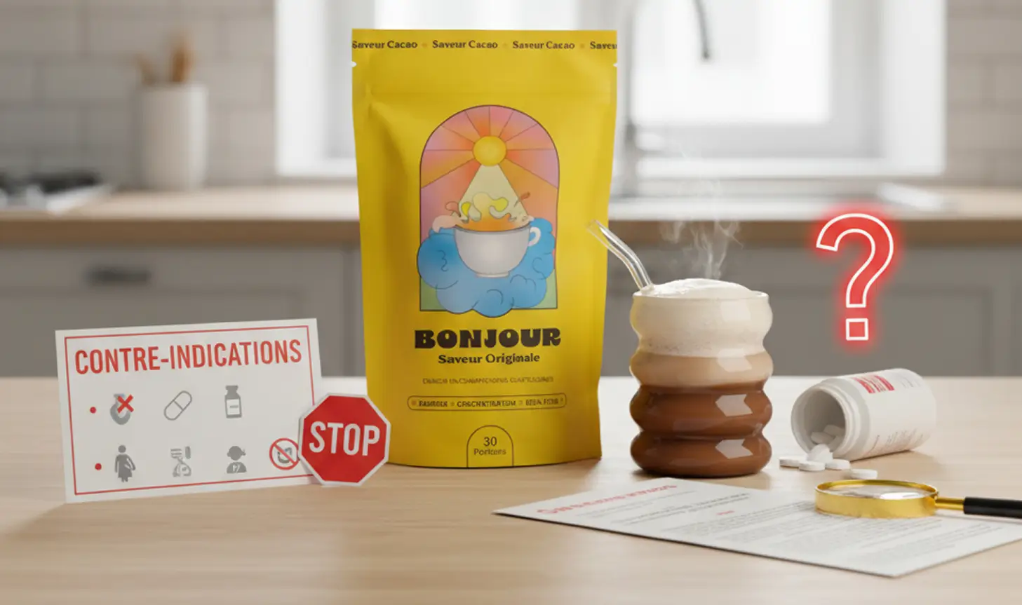 Tasse de boisson aux champignons adaptogènes avec conseils de sécurité
