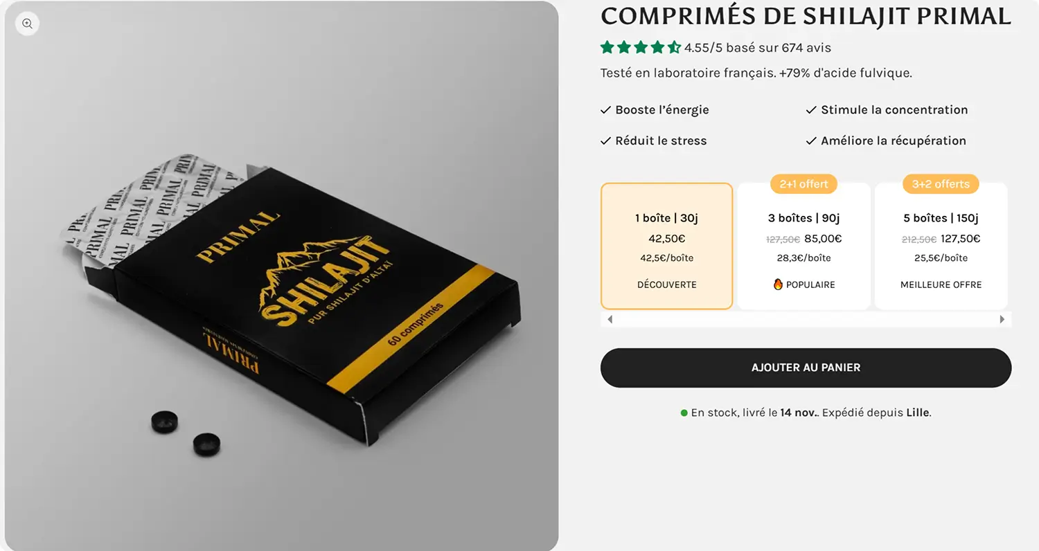 Comprimés Shilajit Primal Supplements dans un décor naturel