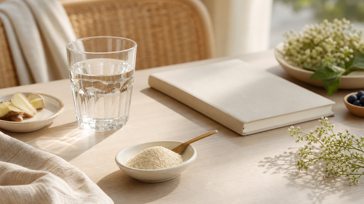 Routine bien-être avec colostrum en poudre et verre d’eau