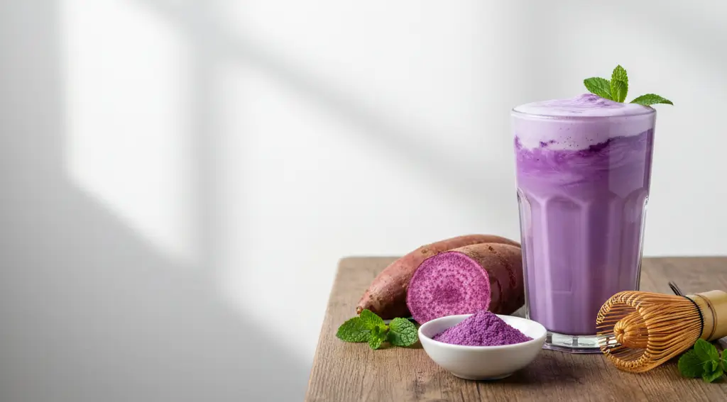 Ube latte is not just visually striking. Made with purple yam, it also brings antioxidant pigments, steadier energy and a more satisfying nutritional profile than many overly sweet café drinks.