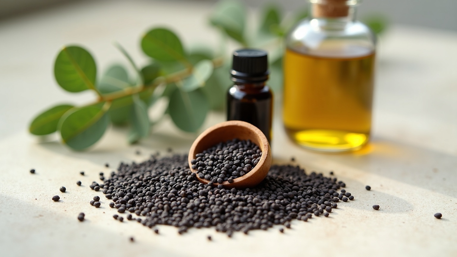 Graines de nigelle (Nigella sativa) et flacon d'huile de nigelle sur un plan de travail clair