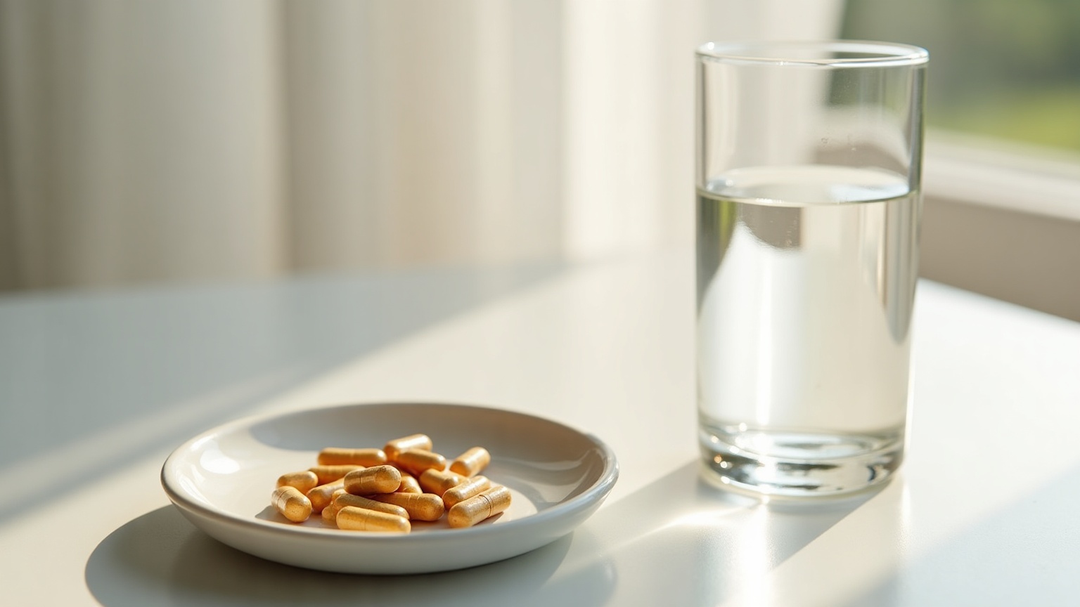 Gélules de magnésium bisglycinate dans une coupelle à côté d'un verre d'eau