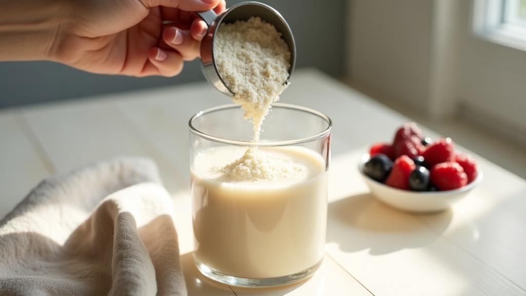 Collagen powder being poured into a morning drink