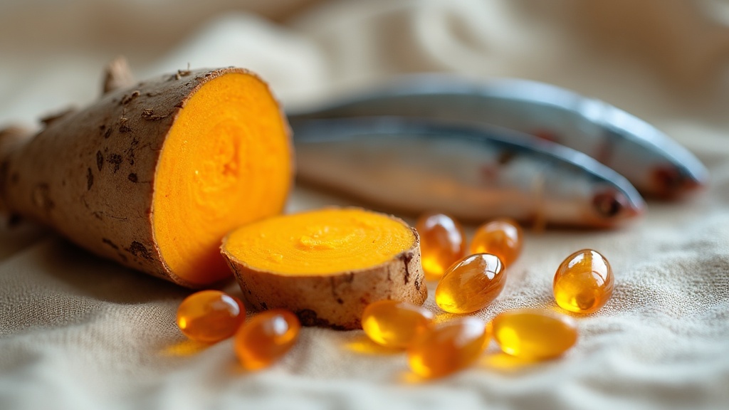 Fresh turmeric root and amber omega-3 fish oil softgels