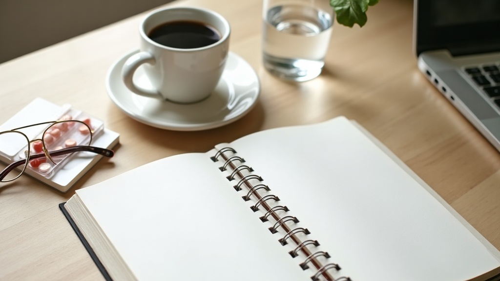Daily supplement routine with a pill organizer and a notebook
