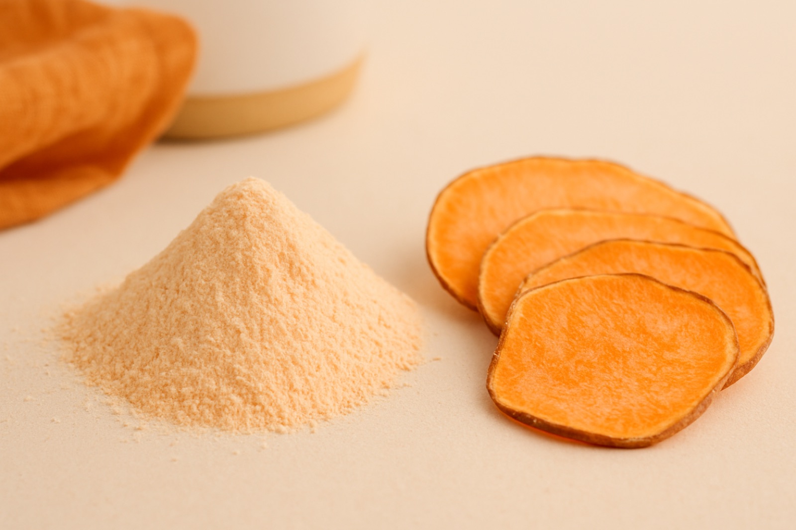 Poudre de patate douce et fines tranches déshydratées