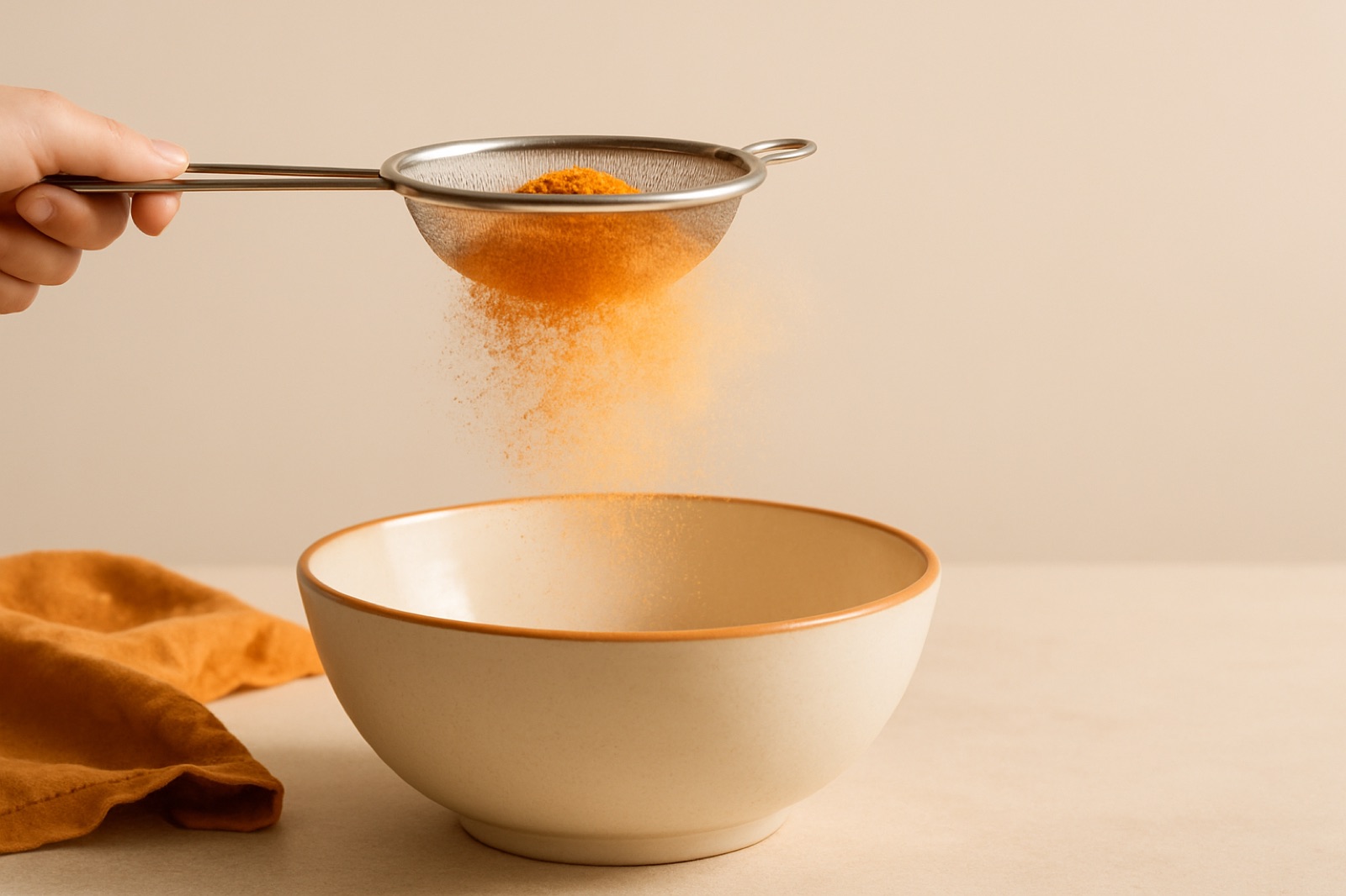 Farine de patate douce tamisée au-dessus d'un bol