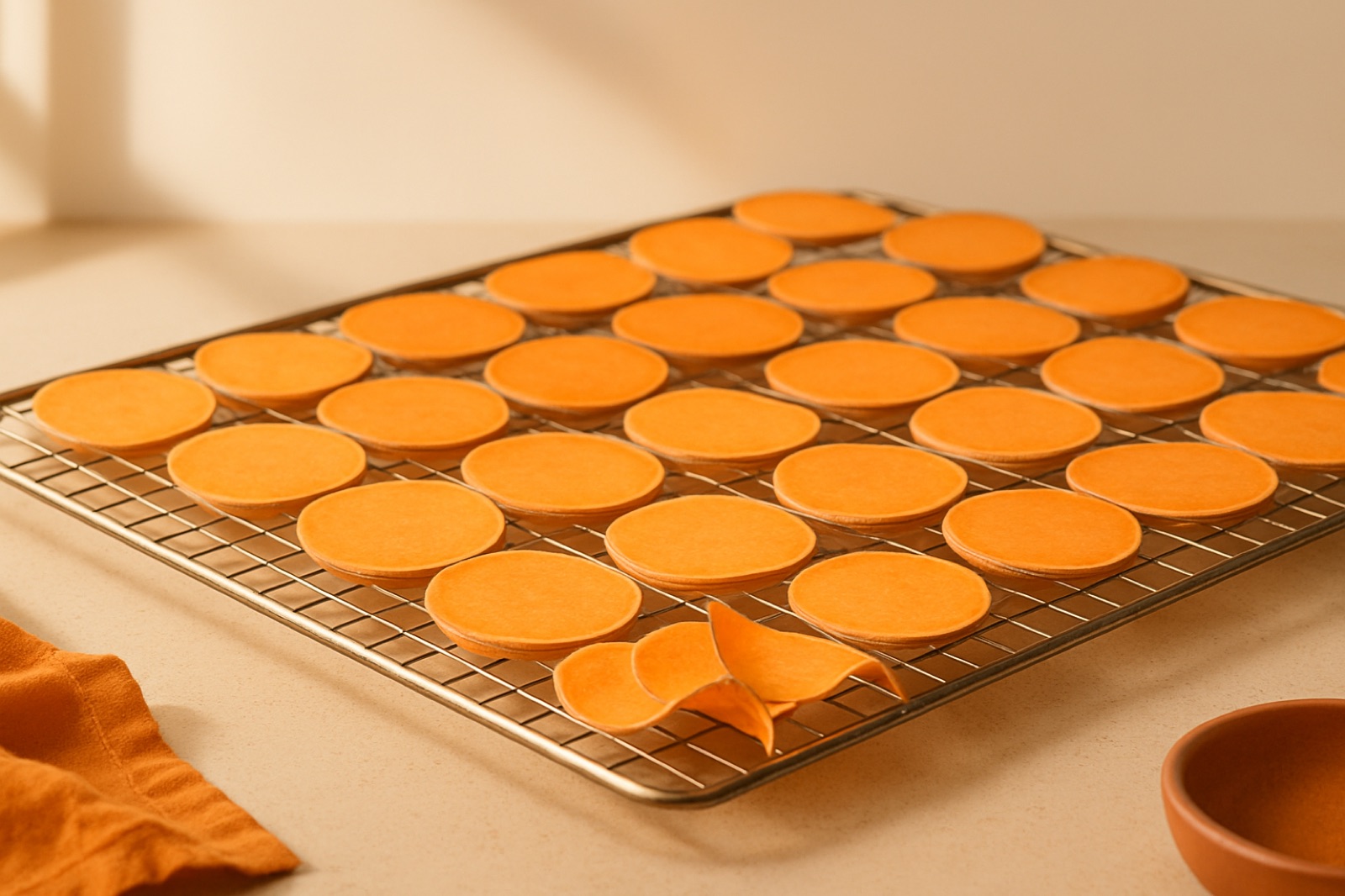 Tranches de patate douce en cours de séchage sur une grille