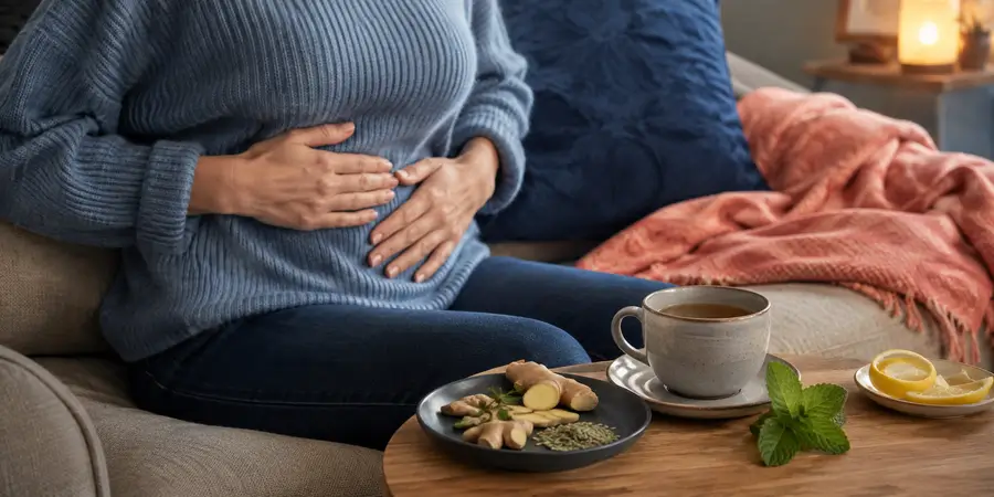 Massage abdominal doux avec infusion de fenouil, gingembre et menthe