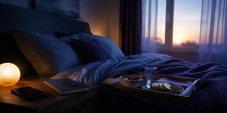 Chambre apaisante illustrant le sommeil, le stress et une routine matinale équilibrée