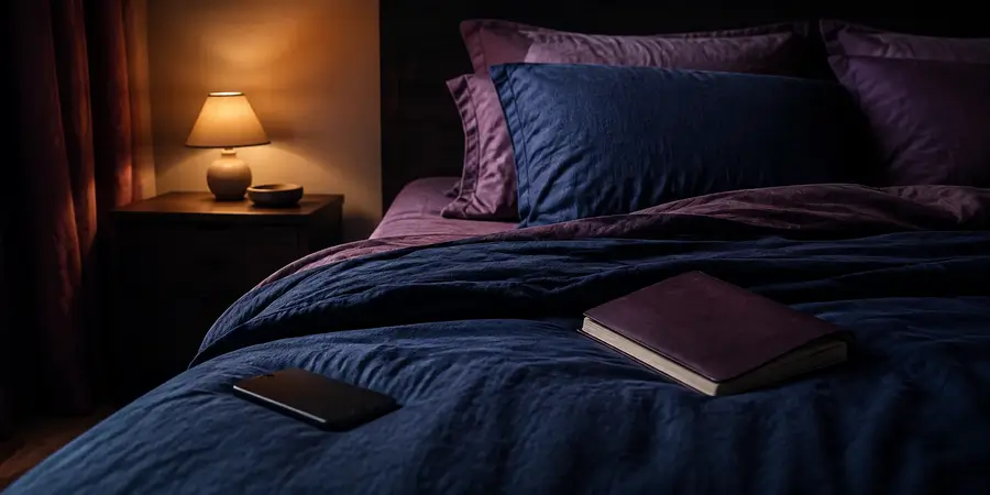 Chambre calme aux tons bleus et violets évoquant le sommeil et la gestion du stress