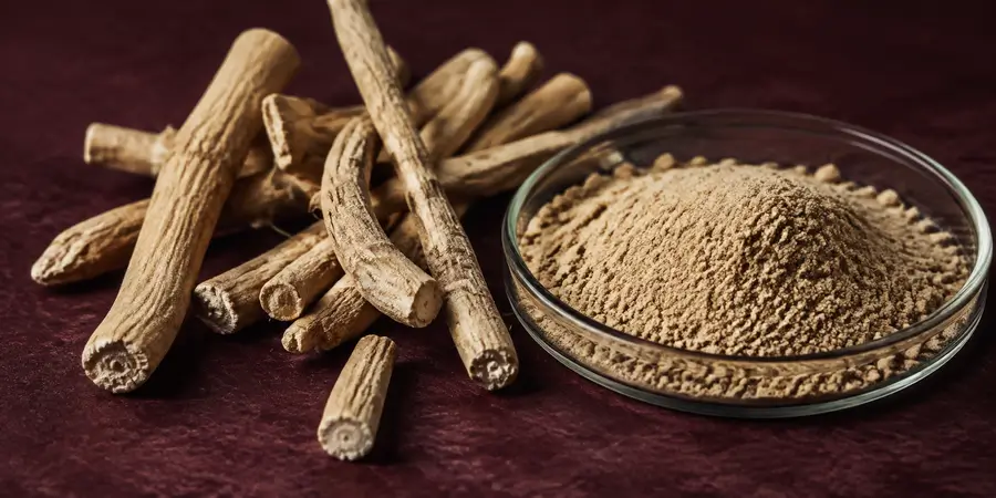 Racines séchées d’ashwagandha et poudre dans une coupelle en verre