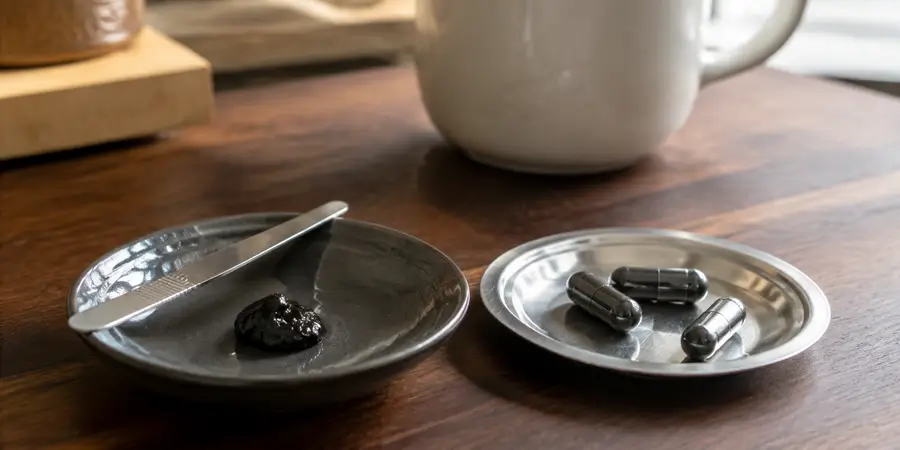 Résine de shilajit et gélules dans deux coupelles pour comparer les formats