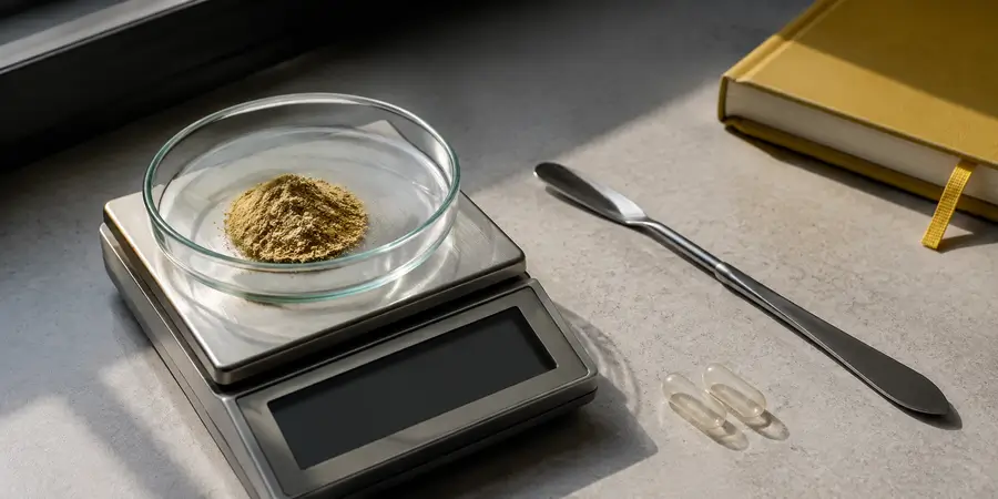 Balance de précision, poudre végétale et enveloppes de gélules pour illustrer les dosages