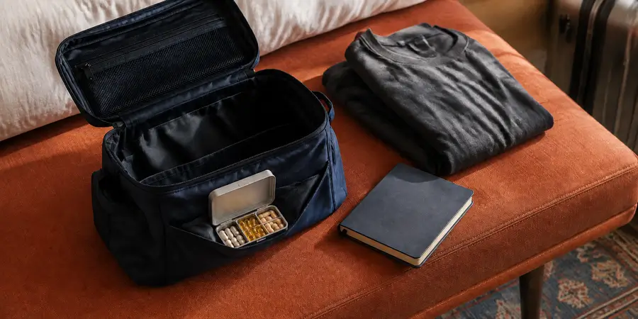 Pilulier rangé dans une trousse de voyage avec un carnet et des vêtements