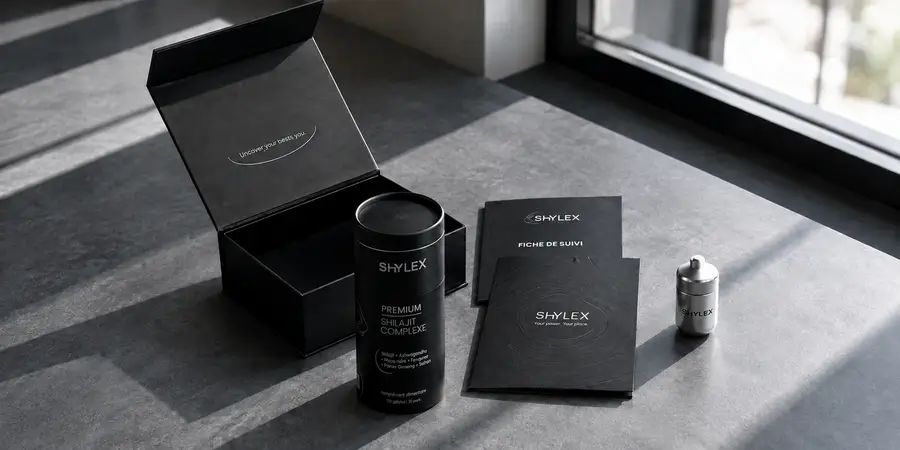 Coffret Shylex avec Premium Shilajit Complexe, guide, fiche de suivi et pilulier