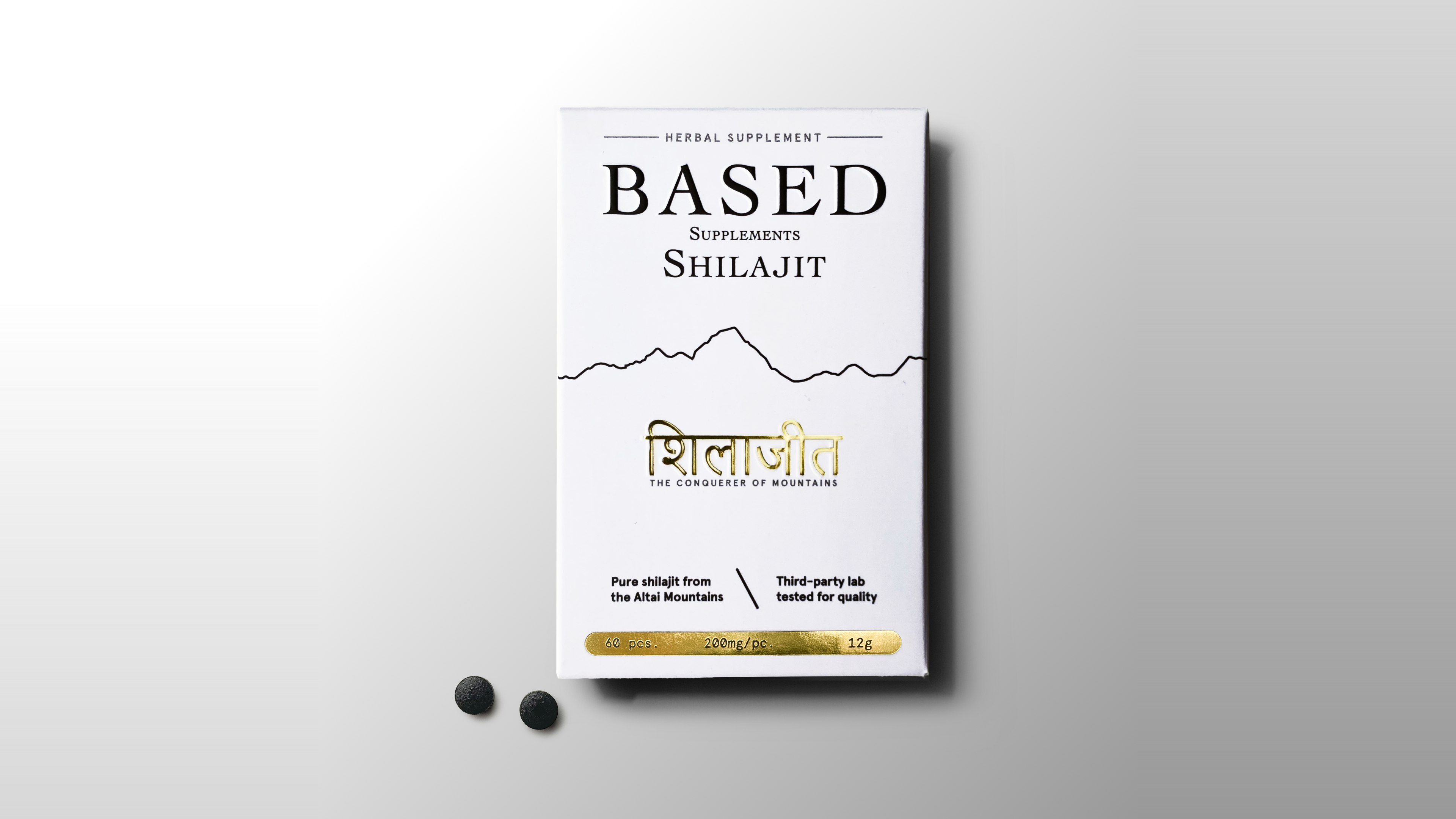 Boîte officielle Based Supplements Shilajit, 60 comprimés de 200 mg, avec deux comprimés