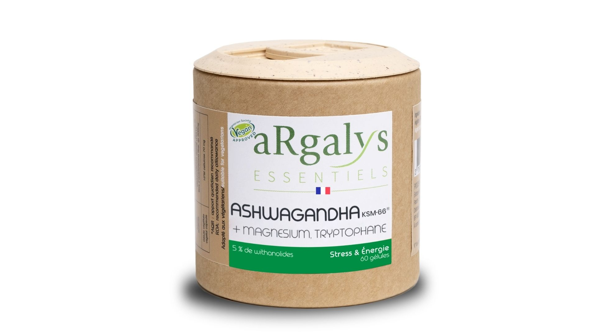 Argalys Ashwagandha KSM-66 avec magnésium et tryptophane, pilulier de 60 gélules