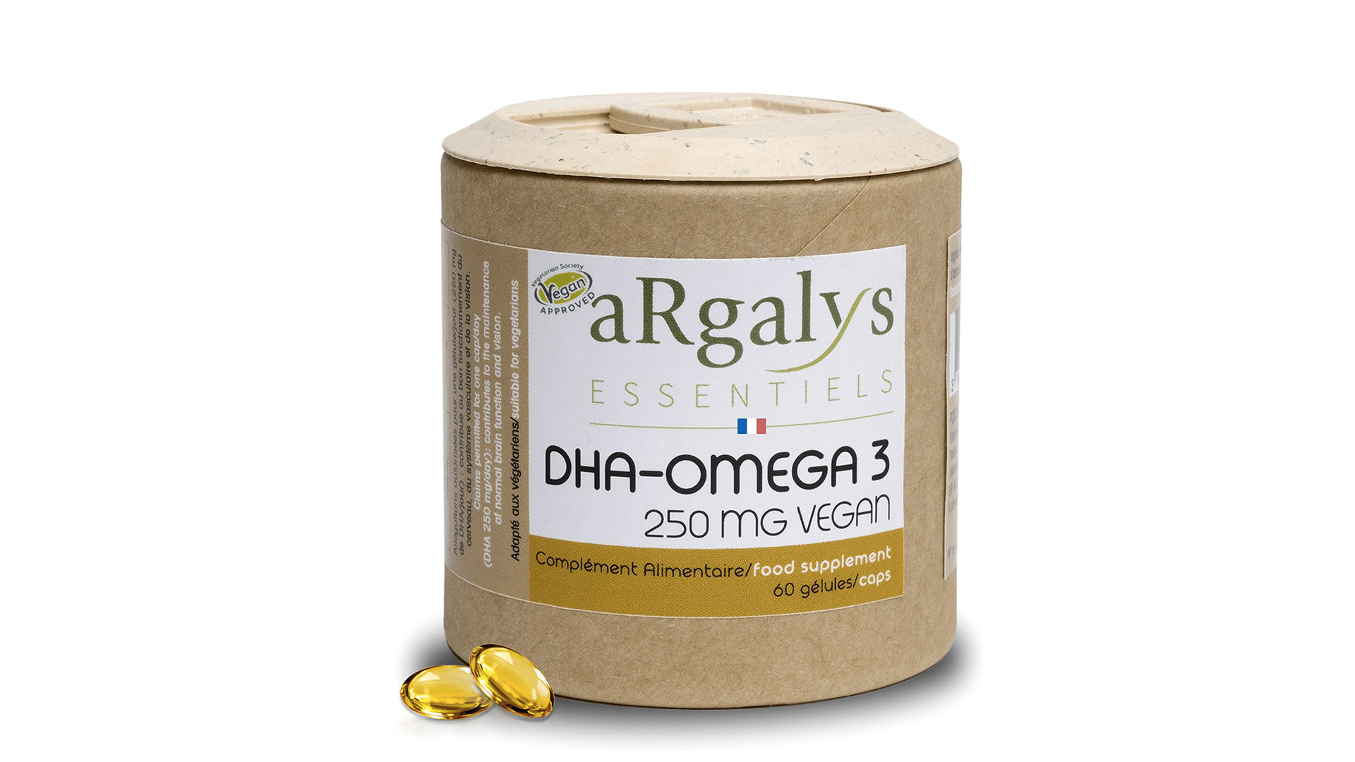 Argalys DHA Oméga 3 vegan, 250 mg de DHA, pilulier de 60 capsules
