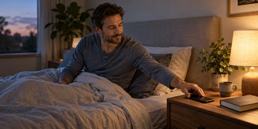 Un homme pose son téléphone au moment de se préparer à dormir.