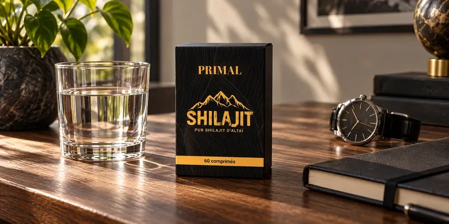 Boîte de shilajit Primal de 60 comprimés avec un verre d’eau sur un bureau.
