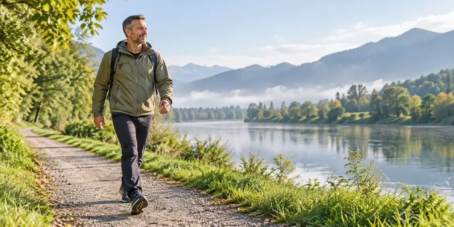 Un homme marche au bord de l’eau dans un cadre naturel.