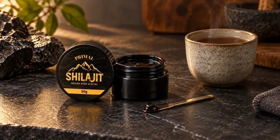 Pot de résine de shilajit Primal 30 g avec une tasse et une spatule.